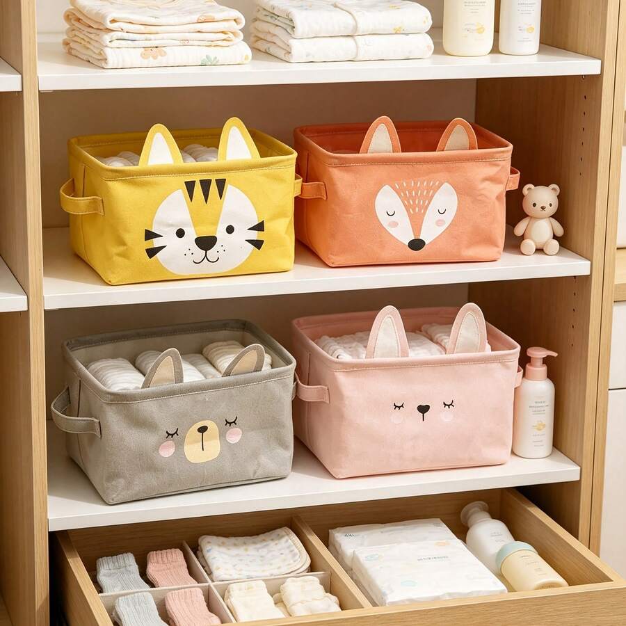 Cute Cartoon Animal Storage Basket, Desktop Organizer Box, Desk Stationery And Bookshelf Storage Box, Wardrobe Miscellaneous Storage Box, Underwear Divider Storage Box, Storage Box, Foldable Miscellaneous Storage Box, Built-In Waterproof Coating, Cartoon Desktop Frame Miscellaneous Cosmetics Storage Box, Stationery Storage Basket, Cute 4 Colors With Ears Desktop Box - Multicolor - View 1