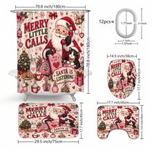 1 pieza/4 piezas Juego de cortina de ducha con decoración de baño vintage rosa de Papá Noel con llamada telefónica multifunción, 12 ganchos gratis, atmósfera festiva premium, alfombra de baño, alfombra de piso en forma de U y tapa de inodoro redonda, adecuado para todas las escenas de decoración navideña - Papá Noel llama por teléfono - Ver 11