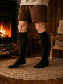 1Pair Simple Men Solid Color Knee High Sports Socks, Ribbed Cuff Thick Warm Heat Retaining Calf Knit Socks, Stretch Fit Wear Resistant Ins Outdoor - Multicolor - View 2