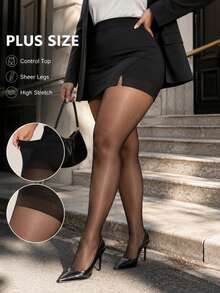 1/3 Pairs Plus Size Sheer Pantyhose For Women, High Waist Control Top Tights, Reinforced Panty Stretch Stockings For Office & Daily Wear - Black - View 1