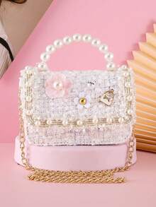 1pc Mini Children's Bag With Flower Decoration, Comfortable Woolen & PU Material, Flap Closure, Chain Strap, Fashionable Beaded Handbag And Crossbody Bag, Cute Sweet Princess Style, Suitable For Snacks And Coins, Perfect For Holidays And Daily Use - Wool Floral Love - View 5
