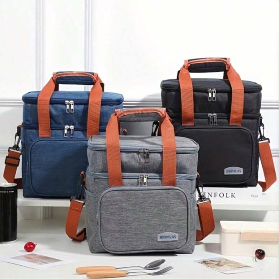 Large‑Capacity Stylish Cross‑Body Bento Storage Bag. Thickened Insulated Lunch Handbag, Outdoor Food Storage Tote With Shoulder Straps - Black - View 1