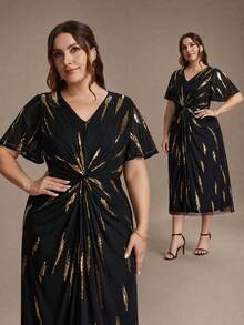 EVERPRETTY Plus Size Elegant High Elastic Comfortable Ruffle Tie-Knot Black & Gold Color Mid-Length Formal Evening Gown,For Wedding Guests,Semi-Formal Occasions - Multicolor - View 2