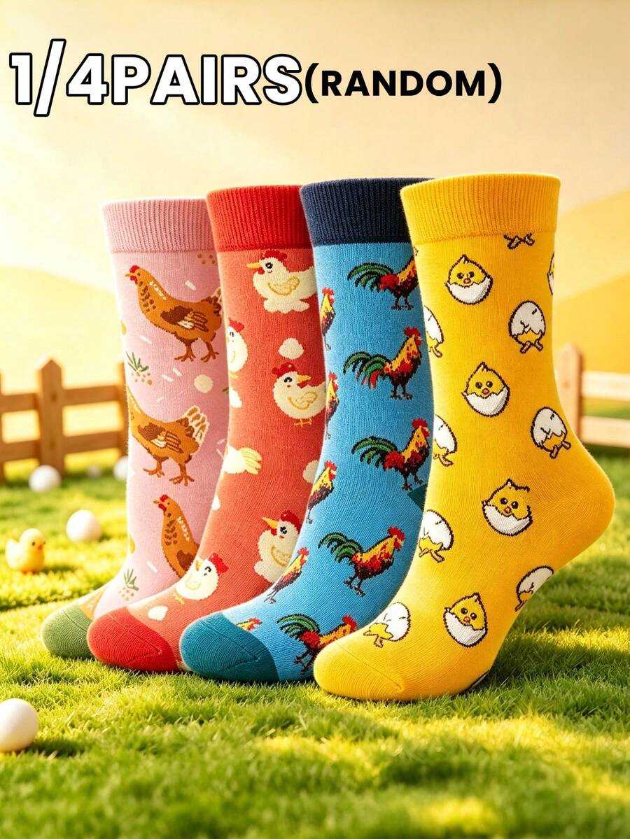1/4 Pair Cute Farm Poultry Themed Mid-Calf Socks, Vibrant Colors Full ...