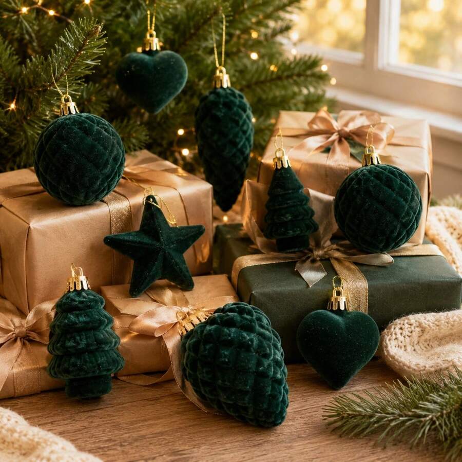 10Pcs Flocked Ornaments For Christmas Tree Holiday Hanging Decorations - Green - View 1