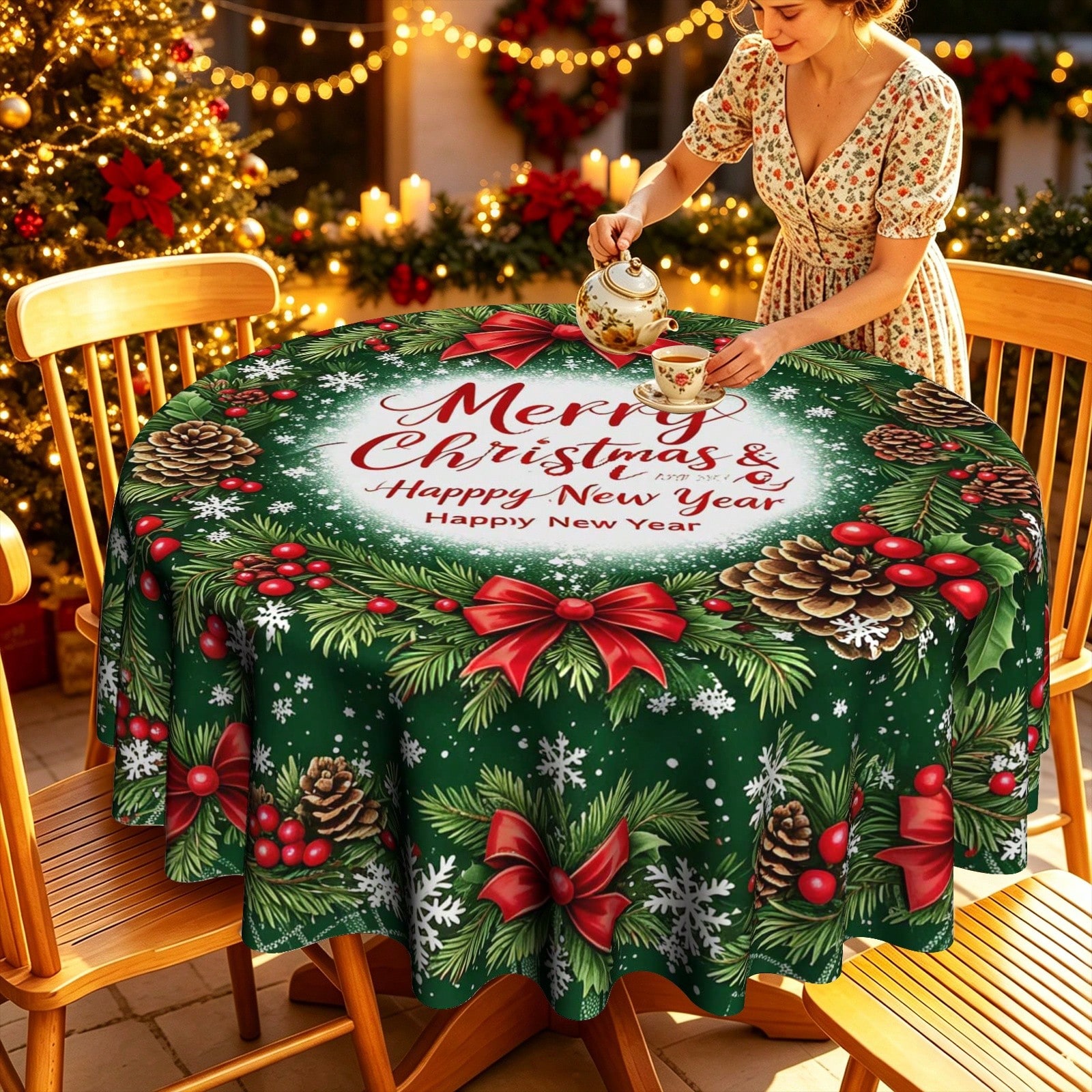 1pc Dark Green Merry Christmas Happy New Year Red Bow Pinecone Round Tablecloth Tabletop Decoration Family Gathering Holiday Present 2D Printed Pattern, Thanksgiving & Christmas Gifts