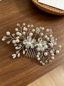 1pc Heavy Pearl & Rhinestone Floral Branch Side Hair Comb, Shiny Crystal Hair Accessory For Women's Evening Dress Party - Multicolor - View 15