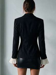 Women's Elegant Loose Fit Splice Color Block Sleeve Black Blazer Jacket,Suitable For Commute, Office, Date, Festival, Party, Street Photography - Black - View 5