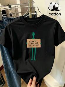 Women's T-Shirt With Themed Print, Women's Short-Sleeved T-Shirt Made Of 100% Cotton, Funny Print "Alien Holding Sign That Says 'I BELIEVE' - Black - View 1