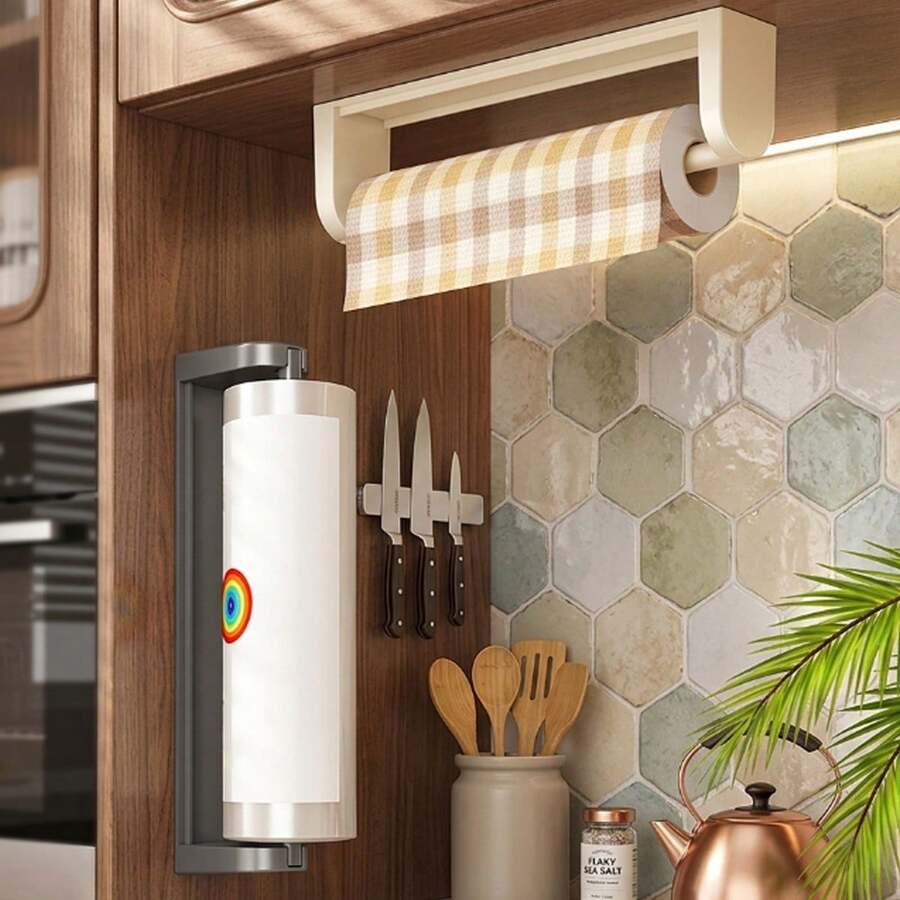 1pc Space-Saving Towel Rack, Suitable For Small Rental Kitchens, Self-Adhesive Wall And Under-Cabinet Paper Towel Holder, No Drilling Easy Installation, Can Hold Kitchen Paper Towels And Cleaning Cloths - Multicolor - View 1