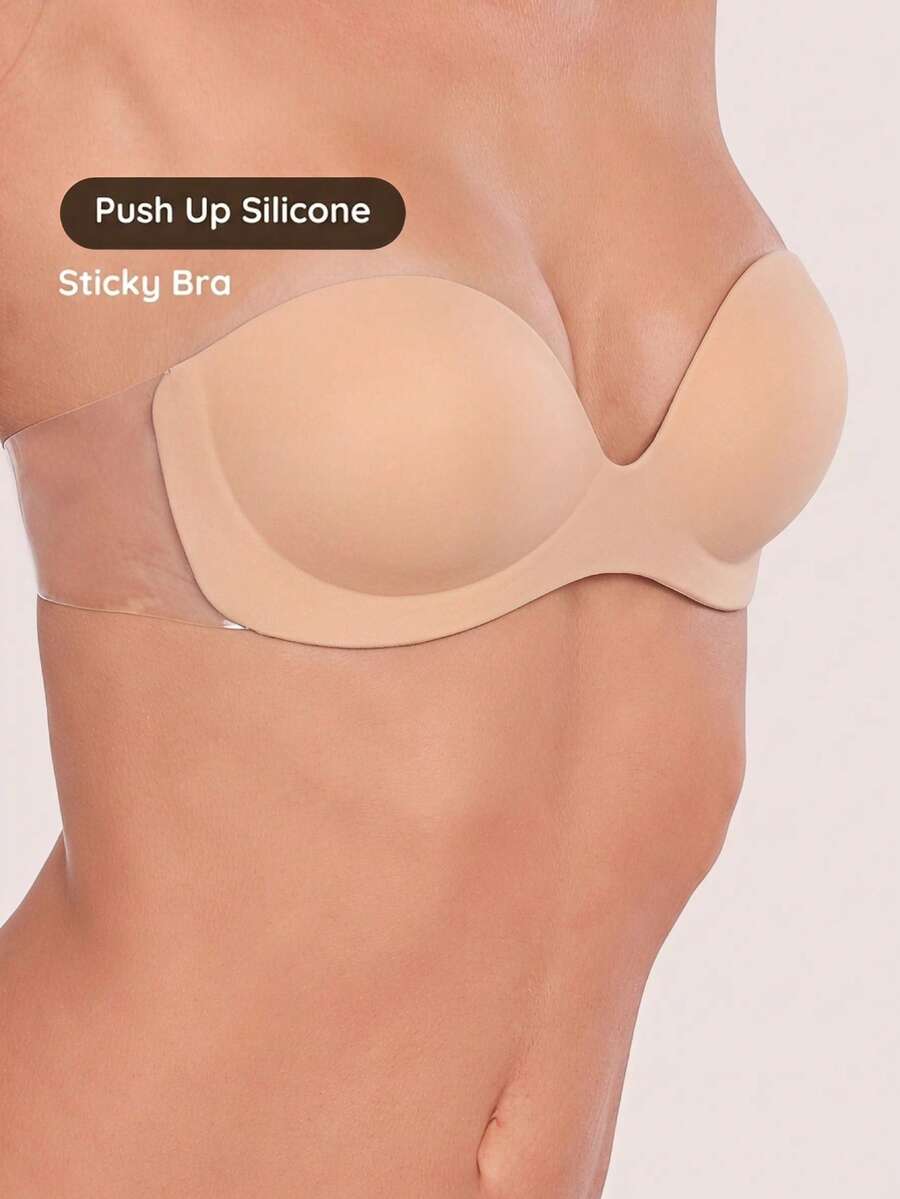Lignisse Strapless Bra With Clear Straps Push Up Invisible Backless Self-Adhesive Seamless Wireless Lift Gathering Plunge Bra Women Intimates Accessories - Multicolor - View 1