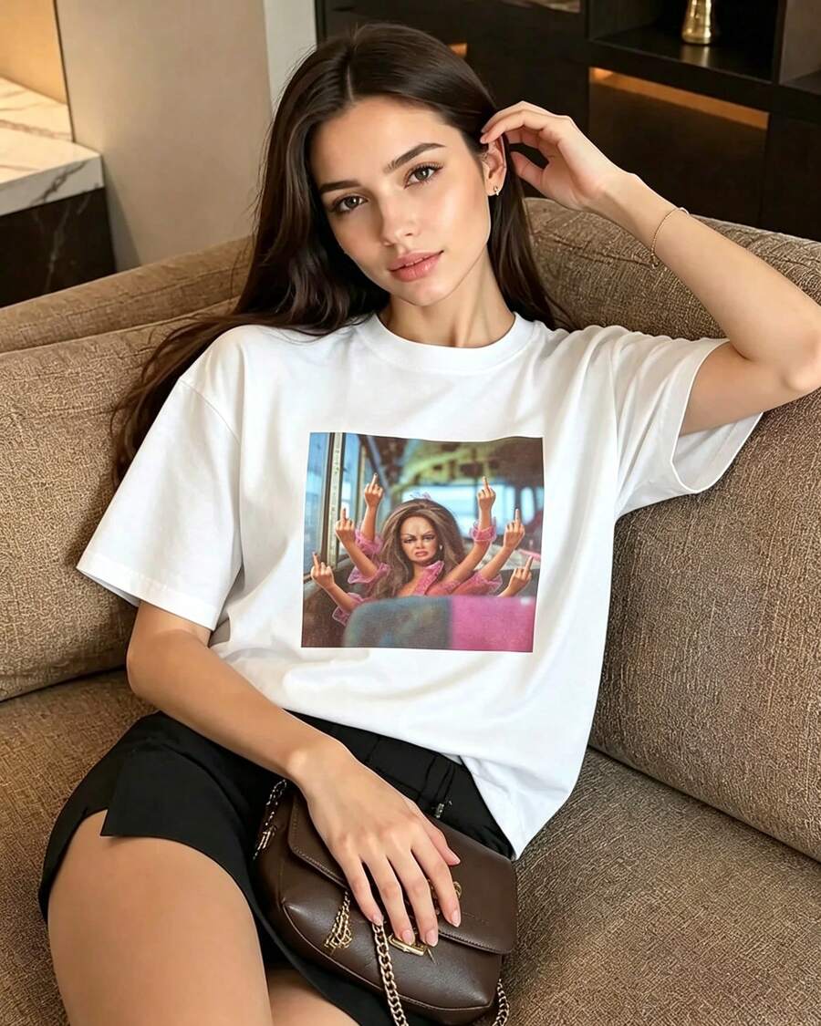 Unisex Oversized Cotton T-Shirt With A Fun Retro Graphic, Breathable Casual Wear For Summer Parties And Outings. - White - View 1