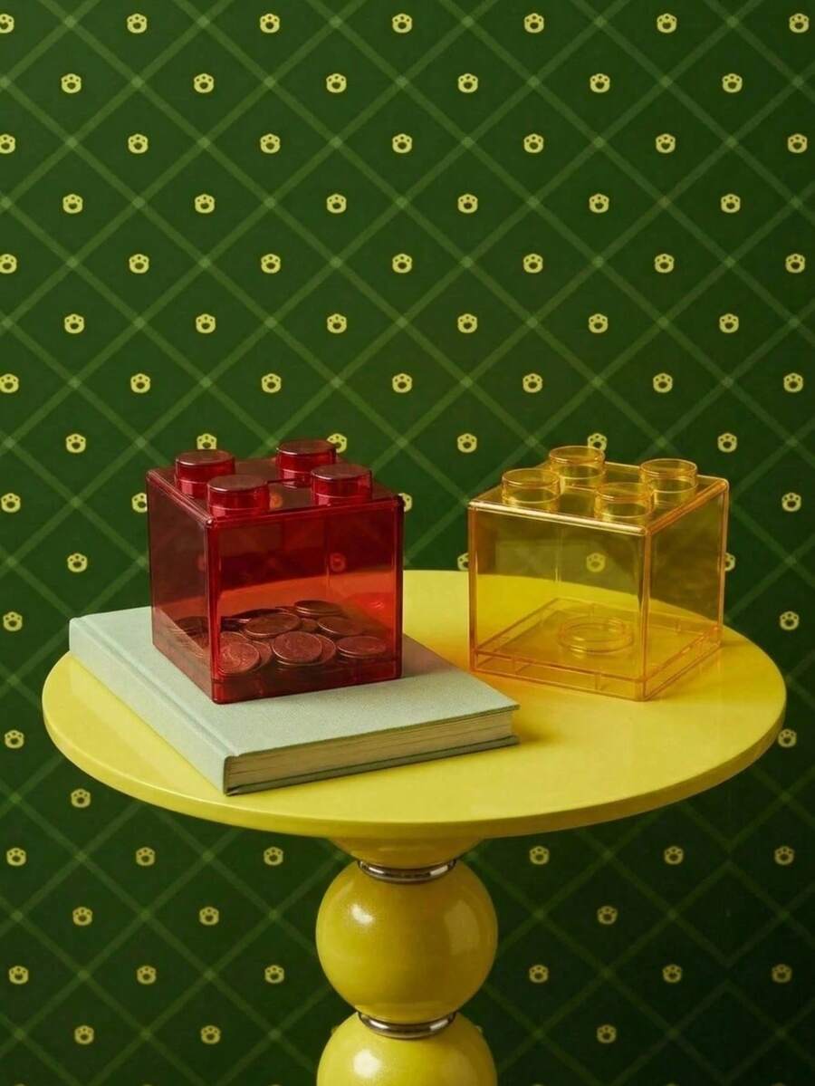 Building Block Shaped Transparent Piggy Bank, Stackable, Dopamine Style, Green/Yellow/Red/Blue, Home Decor Ornament, Suitable For Living Room/Bedroom/Study, Perfect For Back To School, Halloween, Christmas - Multicolor - View 1