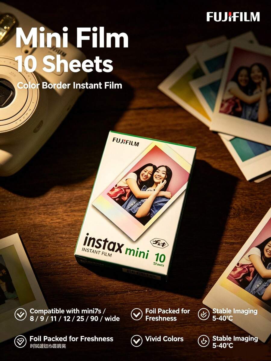 FujiFilm Mini Photo Paper (10 Sheets), Colored Border Instant Photo Paper, Highly Adaptable To Temperatures From 5-40℃, Reliable Image Development, Vibrant Colors, Moisture-Proof Foil Packaging, White. - White - View 1