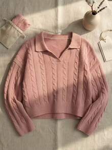 Joy Knit Women's Knitted Sweater, Autumn/Winter Fashion New Style, Versatile Top, Minimalist Casual Style, Turn-Down Collar V-Neck With Buttons, Pink - Pink - View 5