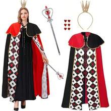 Adult "Queen Of Hearts" Role Play Cape, Comes With Crown, Scepter And Earrings, Suitable For Music Festivals, Carnivals, Parties, Stage Performances, Photography Events, Also An Ideal Halloween Women's Role Play Cape, And A Great Choice For Valentine's Day Gifts. - Multicolor - View 2