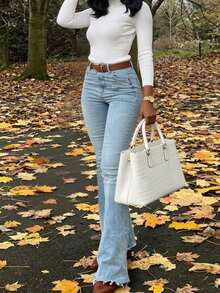 Women's Flared Jeans, Distressed Frayed Hem Personalized Denim Pants, Stretch Comfortable Commuter Style - Blue - View 2