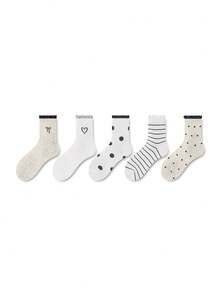 ZUJO 5 Pairs Gray And White Women's Mid-Calf Socks, Bow, Polka Dot, Stripe, Heart Pattern Short Socks, Simple And Comfortable, Suitable For Spring, Autumn, Winter Wear, Random Color Shipment - Multicolor - View 7