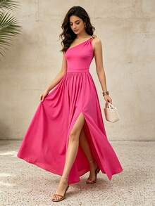 Joyfunear Women's Solid Color Elegant One-Shoulder Side Slit Hem Dress For Party Summer - Hot Pink - View 5