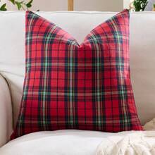 1pc/2pcs Christmas Red Plaid Pattern Pillow Case, 18x18 Inch, Scottish Farmhouse Vintage Classic Square Decorative Cushion Cover, Suitable For Sofa, Bench And Other Winter Holiday Decor - Red - View 8