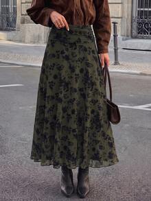 Yepolly-Pop Women's Elegant Black Chiffon Midi Skirt, Pleated Flared A-Line Skirt, Suitable For Office, Daily Wear, Party, Date, Vacation, - Green - View 3
