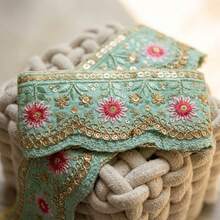 1/5碼 5.5公分寬刺繡亮片蕾絲飾邊－鮮黃、綠、白多色花卉圖案－適用於DIY帽子飾帶、領帶、窗簾裝飾及手工縫製項目 - 多色E - 查看 14