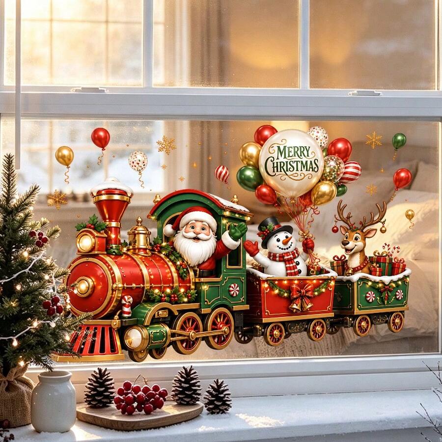 1/2pcs Christmas Train Window Decal, Retro Christmas Train Scene, 2027 Balloon Snowflake Design, Vinyl Reusable, Suitable For Home Store Window Glass Doors, Winter Festival Decoration - Multicolor - View 1
