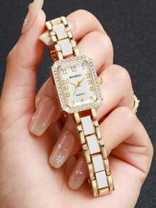 Women's Luxury Square Rhinestone Dial Quartz Watch, Elegant Small Square Wristwatch, Gift For Girlfriend (1pc/Set) Watch Box Not Included - White - View 2