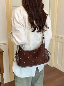 1pc Fashion Polka Dot Crescent Bag, Zipper Closure Suede PU Patchwork Vintage Style Shoulder Bag, Adjustable Strap Crossbody Bag, Suitable For College, Commuting, Shopping, Street Wear, Daily Use - Coffee - View 7