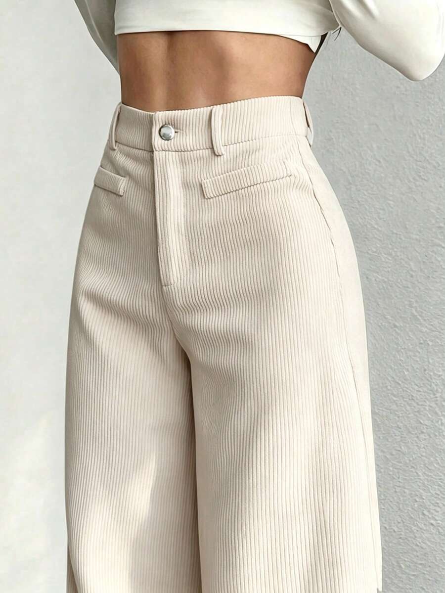 1pc Yaxuan Solid Color Polyester High Waist Loose Wide Leg Pants, Button Pockets Zipper Closure Trousers, Suitable For Daily, Commute, Spring/Summer/Autumn - Deep Apricot Color - View 1