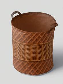 2D Flat Print Brown Tone Colorblock Woven Rattan Texture Foldable Laundry Basket, With Laundry Clips, Household Clothing Storage Bin, Breathable Fabric Dirty Clothes Basket, Bedding Clips, Suitable For Bathroom And Bedroom - Multicolor - View 11