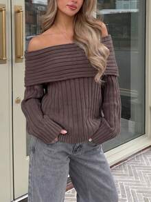 Just Masa Women's Autumn Y2K Casual Elegant Brown Cold Shoulder Folded Collar Pullover Sweater, Solid Color Long Sleeve Ribbed Knit Top, Suitable For Outings And Daily Wear - Khaki - View 6