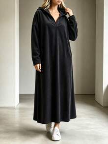 Plus Size Women's Vertical Ribbed Texture Drape Straight Hooded Maxi Dress, Loose Drop Shoulder Long Sleeve Tummy-Covering Versatile Casual Textured Sweatshirt Dress, Suitable For Daily Wear, Home And Outings - Black - View 4