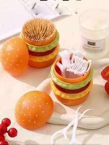 1pc Hamburger Shaped Toothpick Holder With Lid, Dust-Proof Floss Storage Box, Home Floss Box, Hamburger Shaped Toothpick Holder, Fashionable Desktop Decor, Cotton Swab & Floss Storage Box, 18th Birthday For Her, Storage Boxes, Personalised Gifts, Christmas Gift - Multicolor - View 4