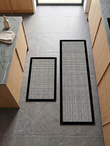 Washable Polyester Plaid Kitchen Mat, Minimalist & Fashionable Rectangular Rug, Suitable For Kitchen, Dining Room, Home Decor, Room Decoration Accessories, Indoor Decoration - Black and White - View 2
