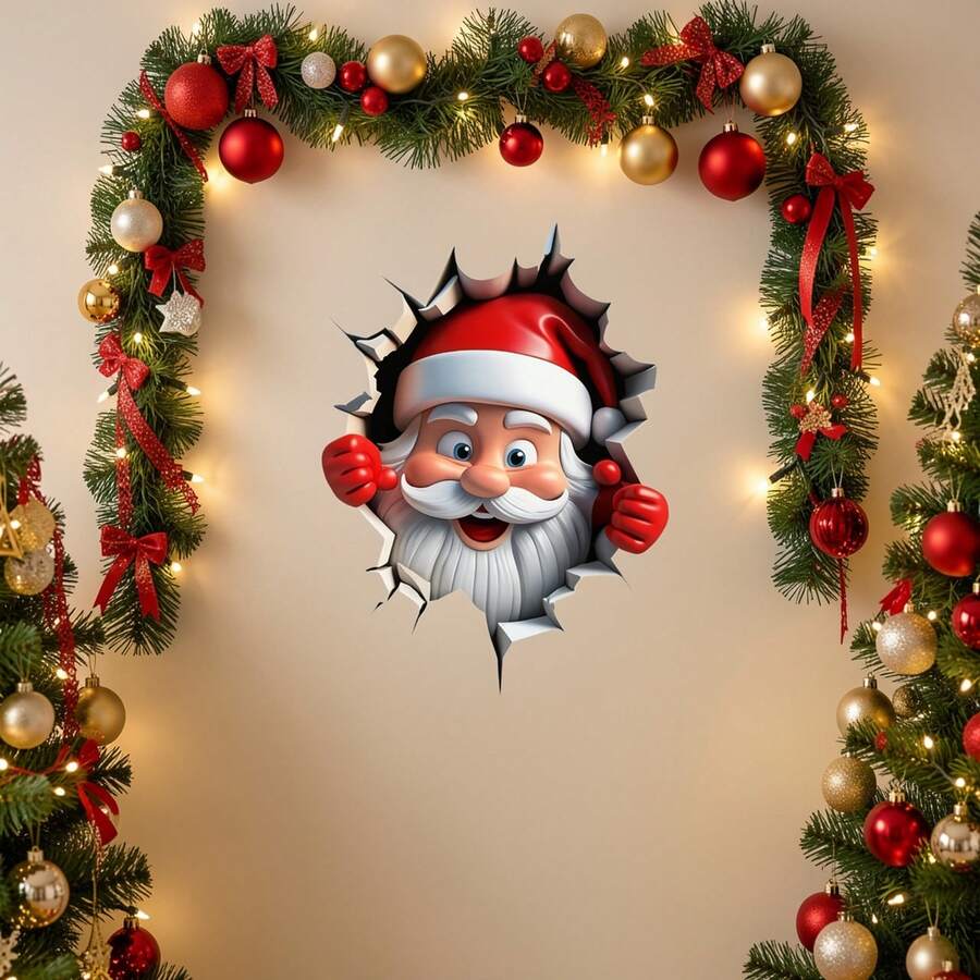 Christmas Creative Wall-Breaking Cartoon Santa Claus Living Room Room Background Wall Decor Wall Sticker - A - View 1