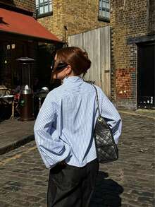 Fashionable Women's Striped Shirt, Stand Collar Design, With Red Frog Button, Chinese Style Woven Fabric Long Sleeve Blouse, Suitable For Daily Wear And Spring Outfits. - Blue - View 4