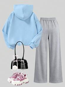Fashion Street Youth Girl Butterfly Print Hooded Sweatshirt With Printed Loose Pants, 2-Piece Set For Autumn/Winter - Baby Blue - View 4