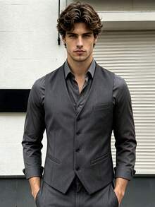 Men's Slim Fit Suit Vest, Casual Groomsman, Groom Waistcoat, Business Banquet, Spring & Autumn - Grey - View 3