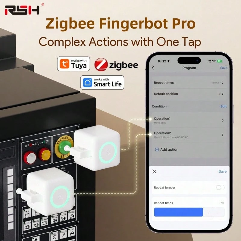 RSH 2pcs Rechargeable ZigBee Smart Robot Button Pusher, Supports Tuya Smart Life App Scheduled Automation, Compatible With Alexa Voice Assistant, RGB Light Touch Sensor, 8 Months Long Standby, Wireless Button Switch Pusher