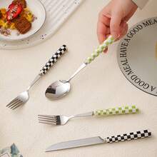 4/24pcs Unique Checkered Pattern Stainless Steel Tableware Set, Beautiful And Elegant Porcelain, Multiple Colors, Including Ceramic Handle Silverware, Creative Kitchen, Including Forks, Table Knife, Spoons, Dessert Spoon, Suitable For Daily Dining - Multicolor - View 8