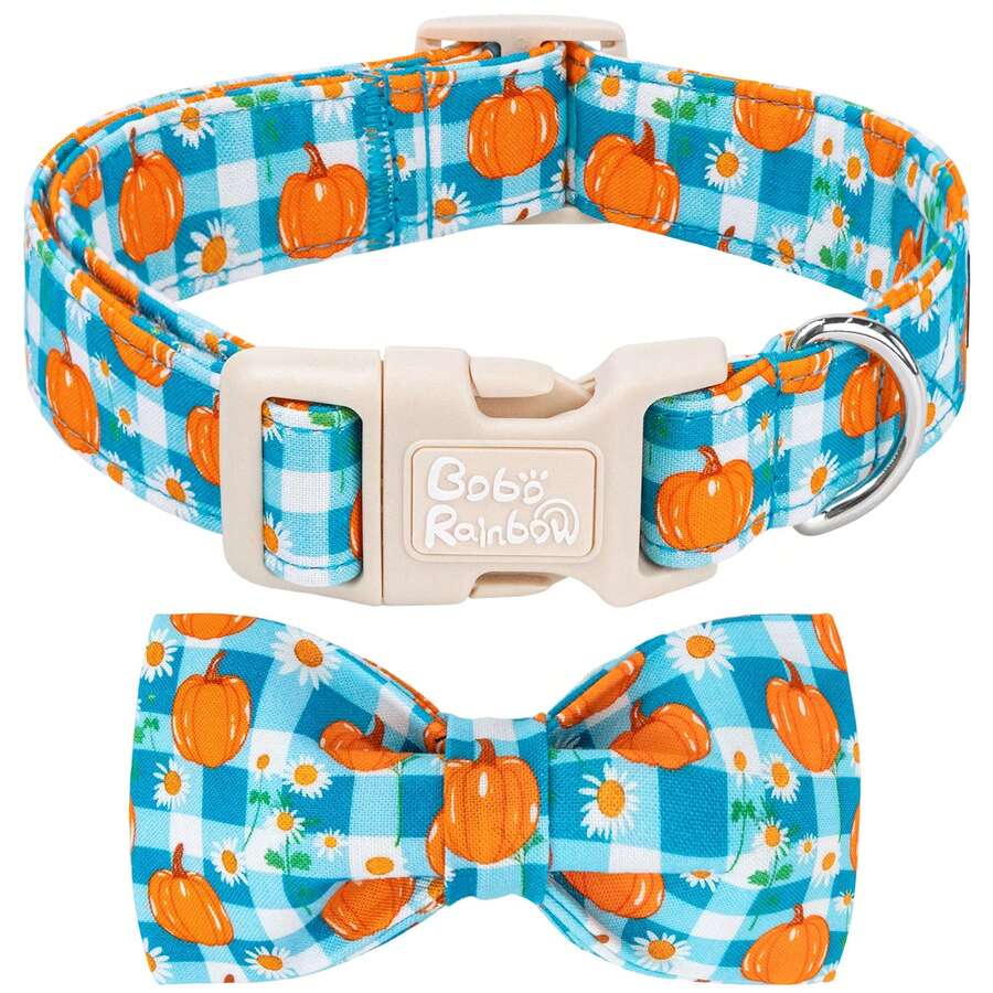 Kalung Anjing Bobo Rainbow Fall Blue Checkered Pumpkin dengan Pita, Cocok untuk Anjing Kecil, Hadiah Pesta, Kalung Hewan Peliharaan yang Dapat Diatur untuk Mencegah Sesak Napas, Gesper Plastik Lepas Cepat - Biru - View 1