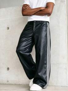 Men's Retro Street Style Wide Leg Pants With Side Vertical Stripes, Black PU Drape Straight Leg Long Pants, Autumn/Winter - Black - View 1