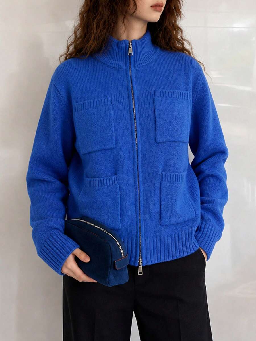Women's Autumn/Winter Casual Minimalist Multi-Pocket Design Stand Collar Zipper Cardigan Jacket - Blue - View 1