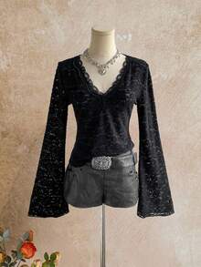Temptaria Women's Pure Black V-Neck Lace Trim Fitted Top, Flare Long Sleeve Design, Suitable For Autumn/Winter Layering And Daily Outings - Black - View 4