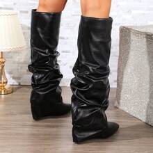 Sepatu bot bertali tebal bersol tebal gaya Eropa dan Amerika, model vintage ujung runcing, sepatu bot fashion runway, sepatu bot untuk rok panjang. - Hitam - View 5