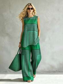 2026 New Green Striped 2-Piece Set, Sleeveless Wide Leg Pants Suit, Geometric Print Matching Set, High Waist Wide Leg Long Pants Suit Summer Elegant - Multicolor - View 6
