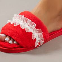 Women's Home Slippers Solid Color Fashion Fabric Lace Patchwork Pearl Strap Indoor Autumn/Winter One-Strap Cotton Slippers - Red - View 6