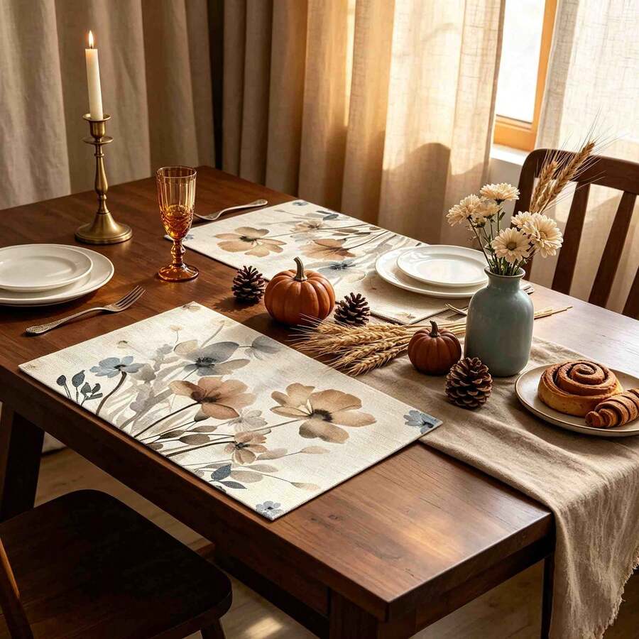 1/4/6pcs Autumn Series Ink Wash Light Brown Floral Pattern Printed Placemats, Heat Resistant Table Mat For Home Kitchen/Kitchen Table Protection, Party Scene Decoration