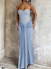 Summer Party Elegant Dress, Strapless Twisted Waist Beach Dress, Luxury Evening Gown, Suitable For Wedding, Homecoming, Birthday, Vacation - Baby Blue - View 3